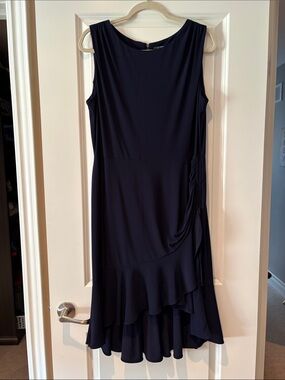 Gabby Skye Navy Sleeveless Ruffle Midi Dress